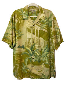 Tommy Bahama Men Green Silk Floral King of Blues Short Sleeve‎ Button Up Shirt L